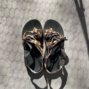 Orange and white Chacos